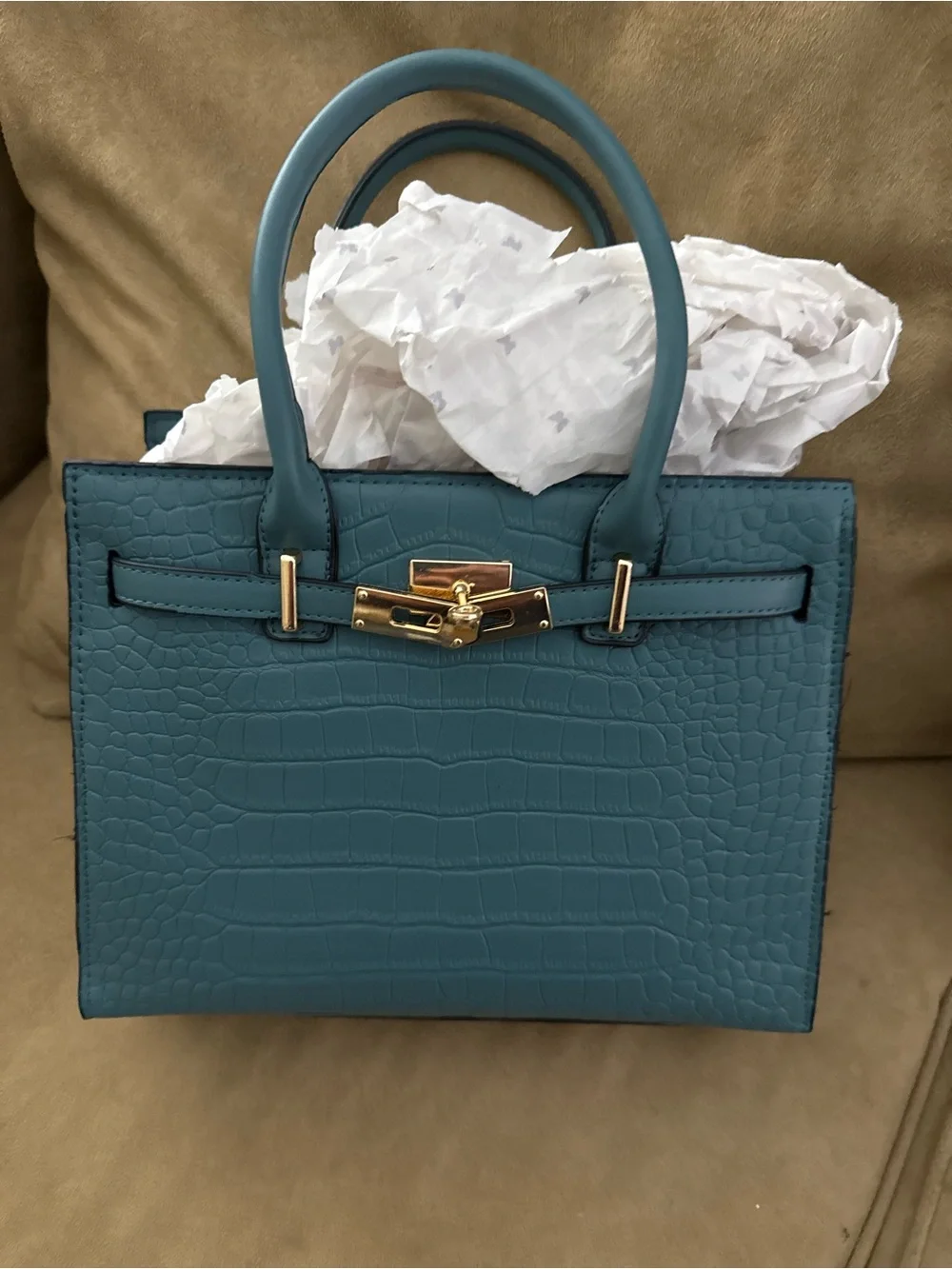 Teal Croc-Embossed Structured Top-Handle Bag